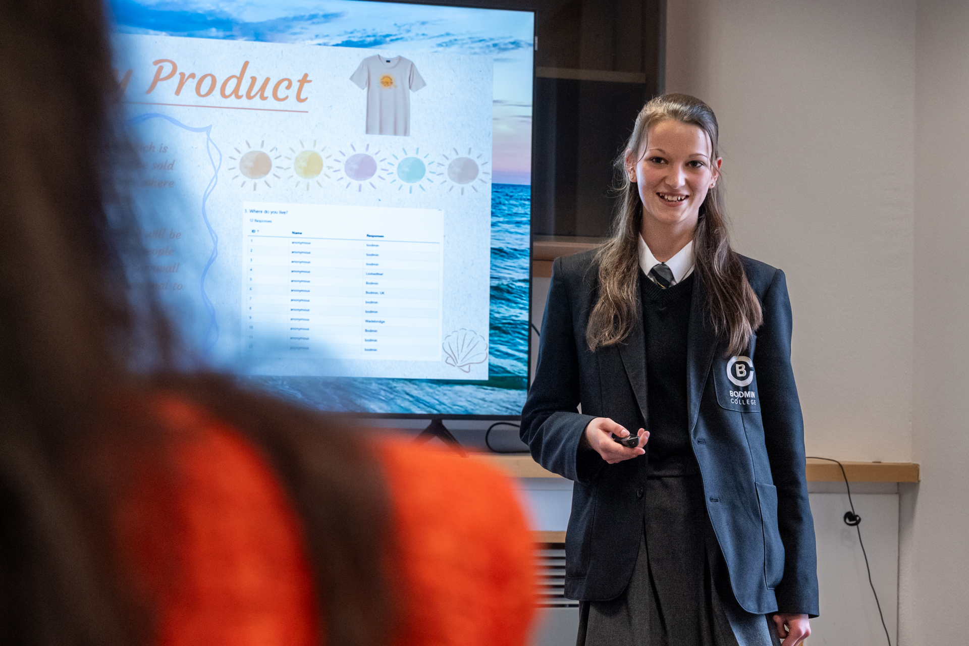 Bodmin College students presenting business pitches to Lisa Hicks